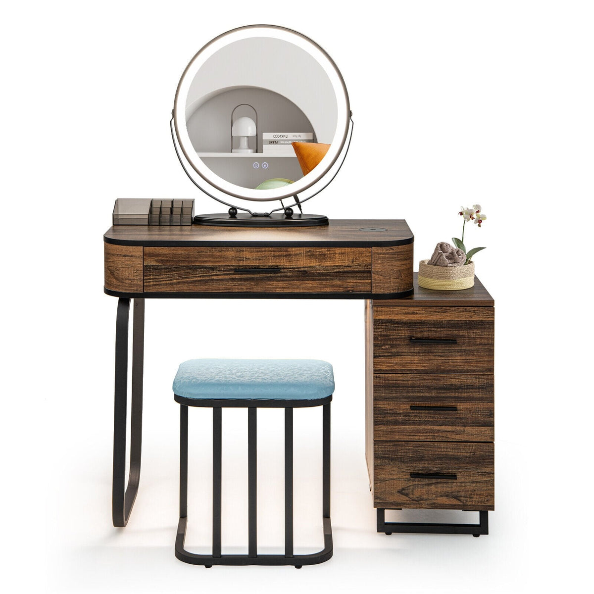 Vanity Table Set with 3-Color Lighted Mirror and Charging Station-Brown-Makeup Vanities-DECOROLALA