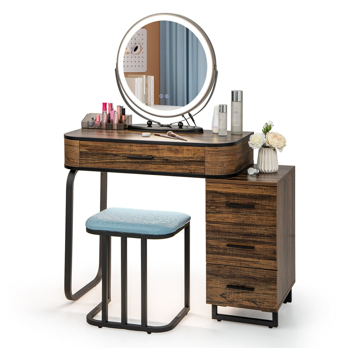 Vanity Table Set with 3-Color Lighted Mirror and Charging Station-Brown-Makeup Vanities-DECOROLALA