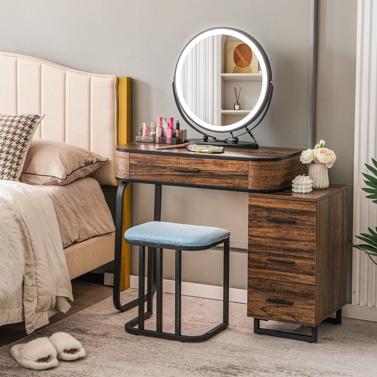 Vanity Table Set with 3-Color Lighted Mirror and Charging Station-Brown-Makeup Vanities-DECOROLALA