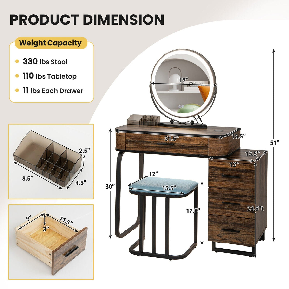Vanity Table Set with 3-Color Lighted Mirror and Charging Station-Brown-Makeup Vanities-DECOROLALA