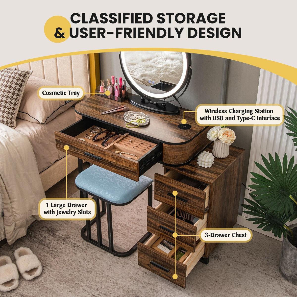 Vanity Table Set with 3-Color Lighted Mirror and Charging Station-Brown-Makeup Vanities-DECOROLALA