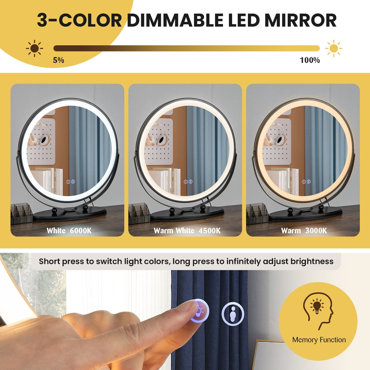 Vanity Table Set with 3-Color Lighted Mirror and Charging Station-Brown-Makeup Vanities-DECOROLALA