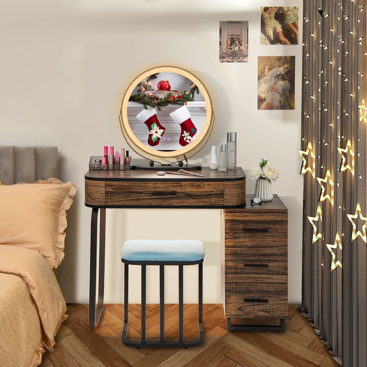 Vanity Table Set with 3-Color Lighted Mirror and Charging Station-Brown-Makeup Vanities-DECOROLALA