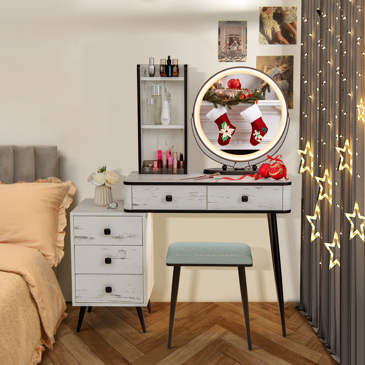 Vanity Table Set with 3-Color Lighted Mirror and Cushioned Stool-White-Makeup Vanities-DECOROLALA
