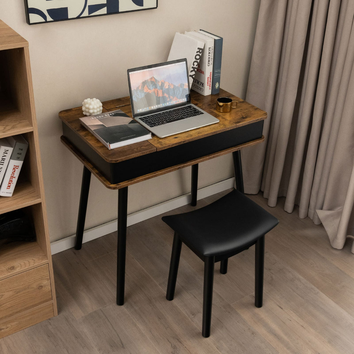 Vanity Table Set with Flip Top Mirror Lights USB Writing Desk and Stool-Brown-Makeup Vanities-DECOROLALA