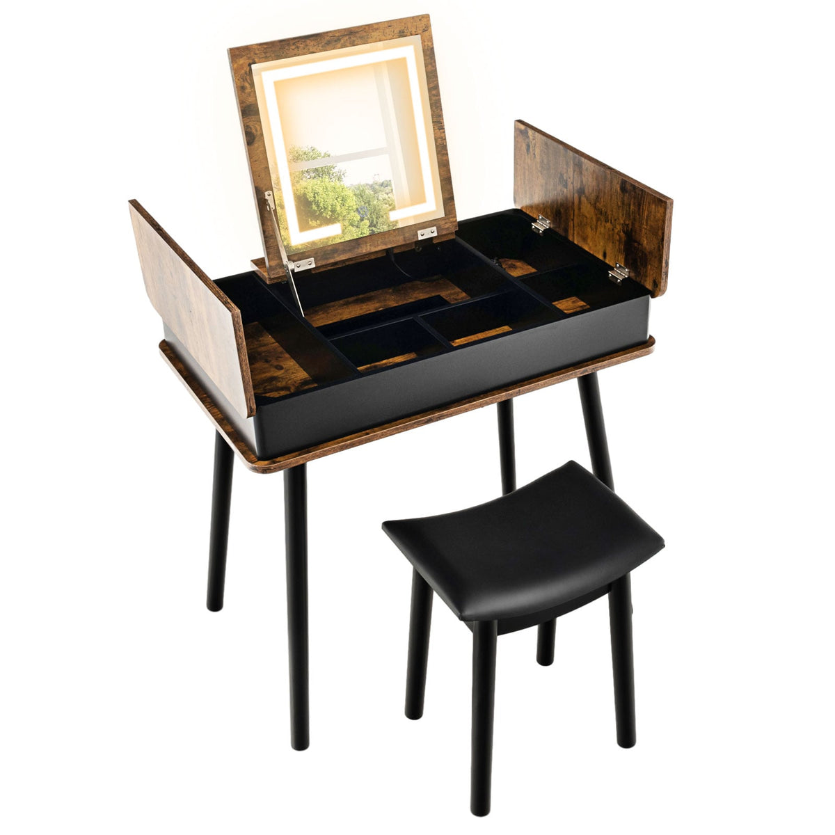 Vanity Table Set with Flip Top Mirror Lights USB Writing Desk and Stool-Brown-Makeup Vanities-DECOROLALA