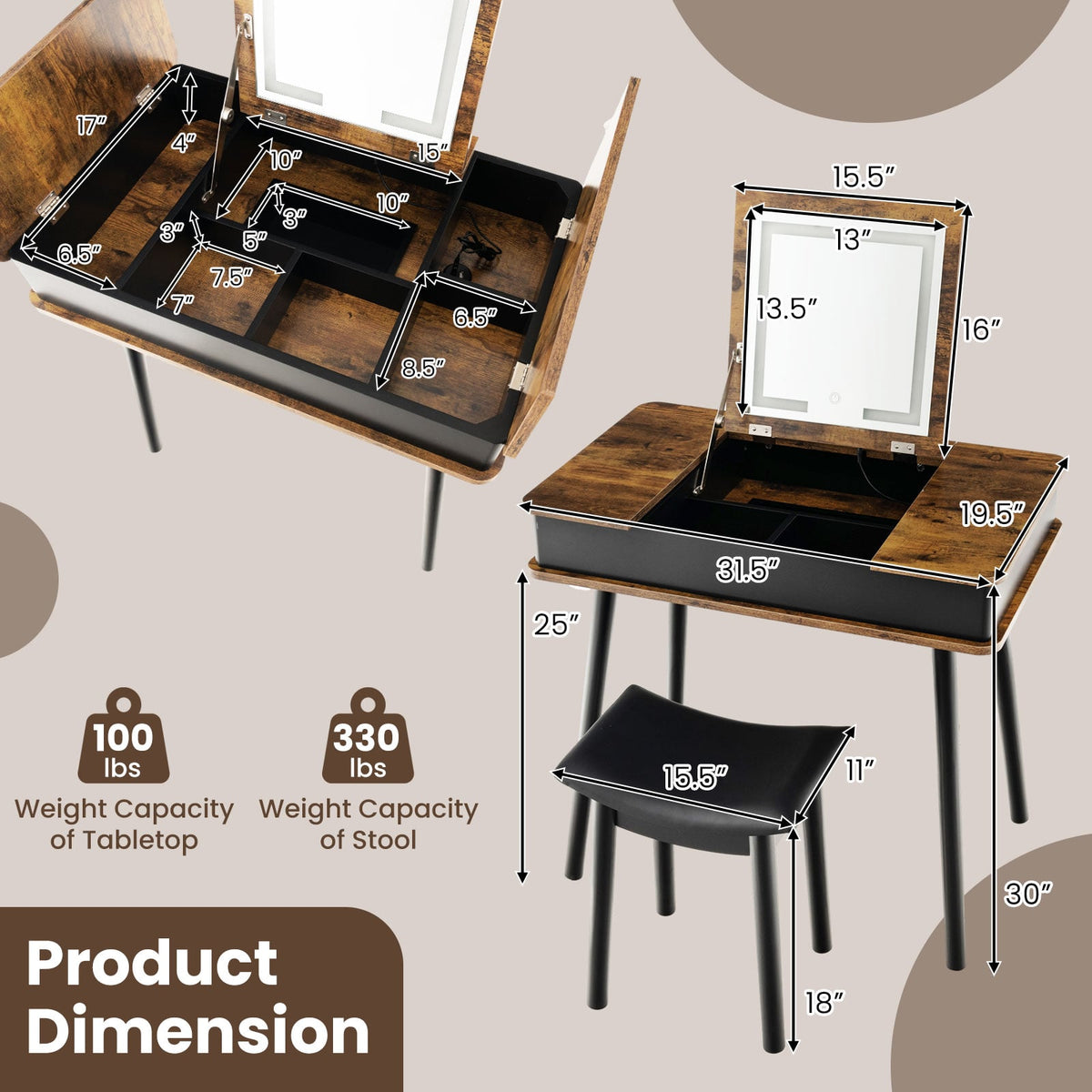 Vanity Table Set with Flip Top Mirror Lights USB Writing Desk and Stool-Brown-Makeup Vanities-DECOROLALA