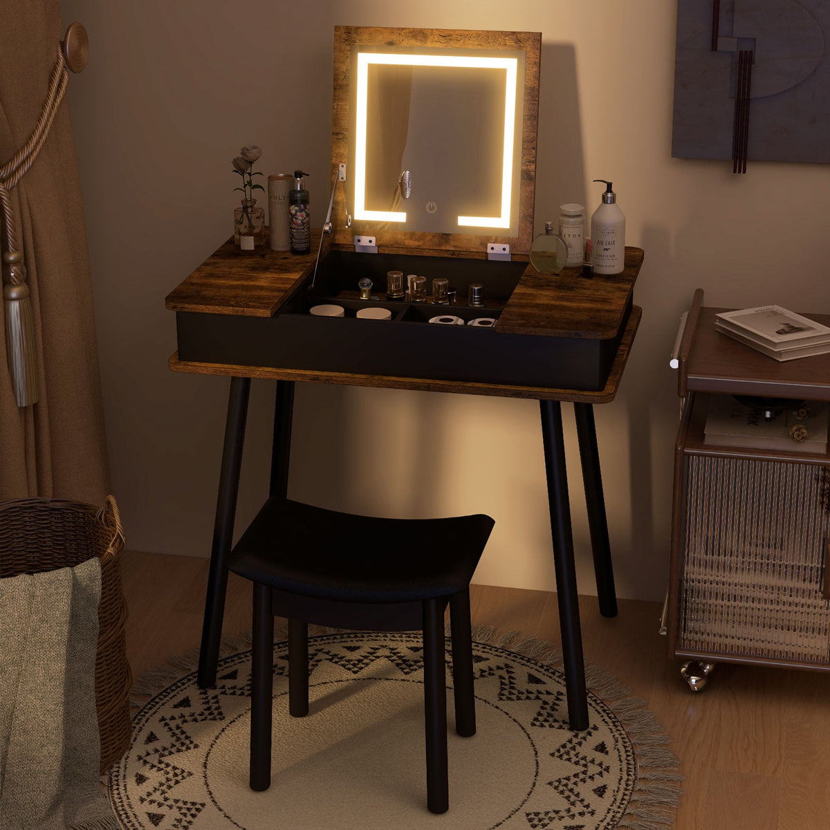 Vanity Table Set with Flip Top Mirror Lights USB Writing Desk and Stool-Brown-Makeup Vanities-DECOROLALA
