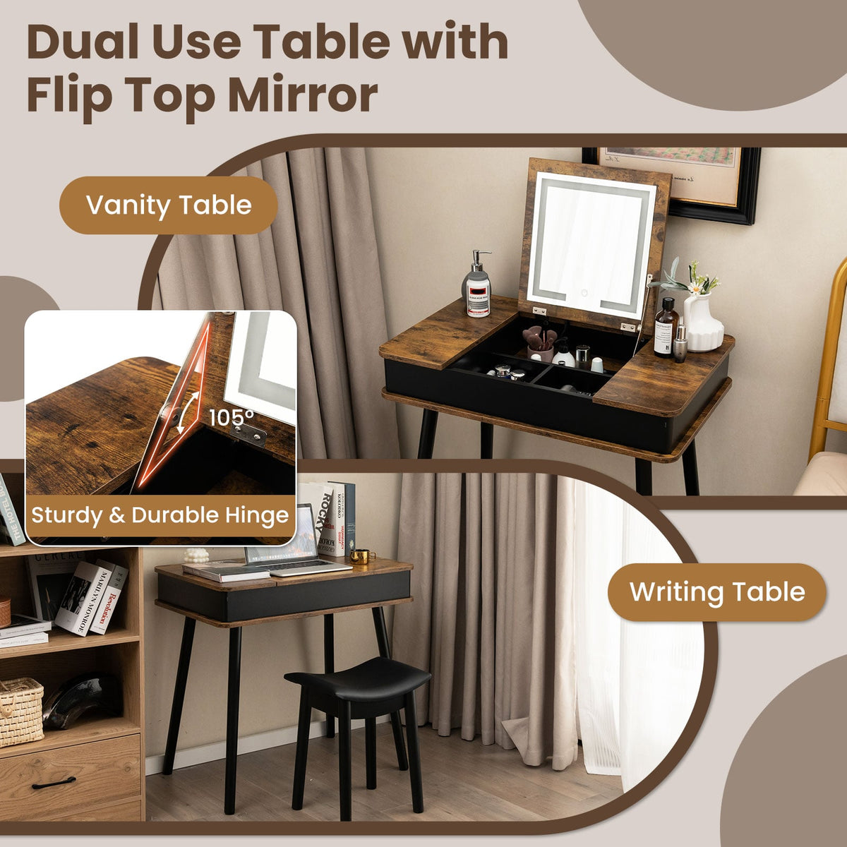 Vanity Table Set with Flip Top Mirror Lights USB Writing Desk and Stool-Brown-Makeup Vanities-DECOROLALA