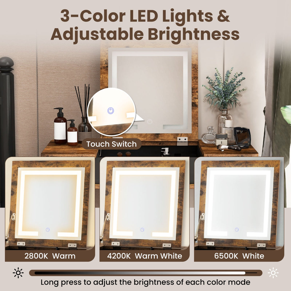Vanity Table Set with Flip Top Mirror Lights USB Writing Desk and Stool-Brown-Makeup Vanities-DECOROLALA