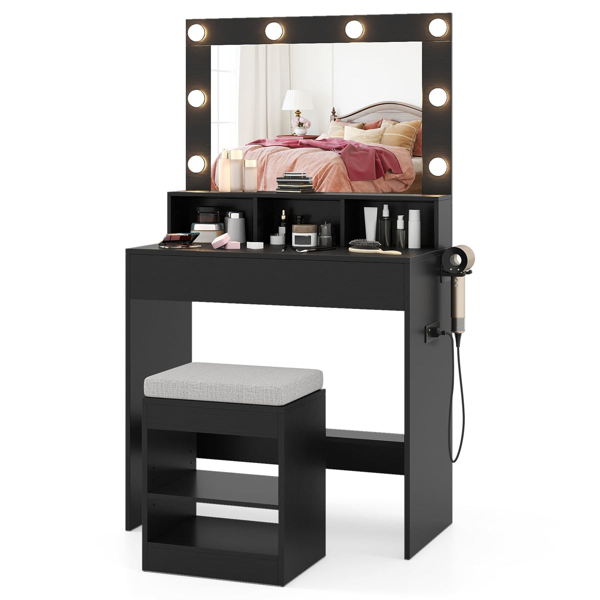 Vanity Table Set with Lighted Mirror and Cushion Stool-Black-Makeup Vanities-DECOROLALA