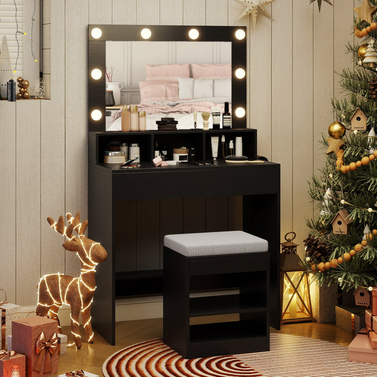 Vanity Table Set with Lighted Mirror and Cushion Stool-Black-Makeup Vanities-DECOROLALA