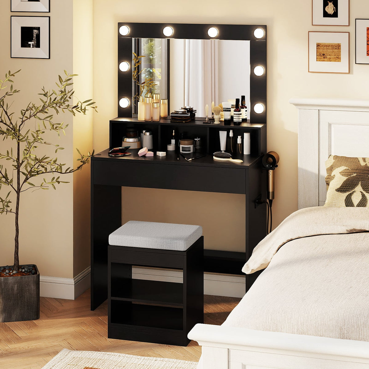 Vanity Table Set with Lighted Mirror and Cushion Stool-Black-Makeup Vanities-DECOROLALA