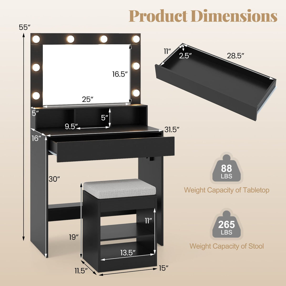 Vanity Table Set with Lighted Mirror and Cushion Stool-Black-Makeup Vanities-DECOROLALA
