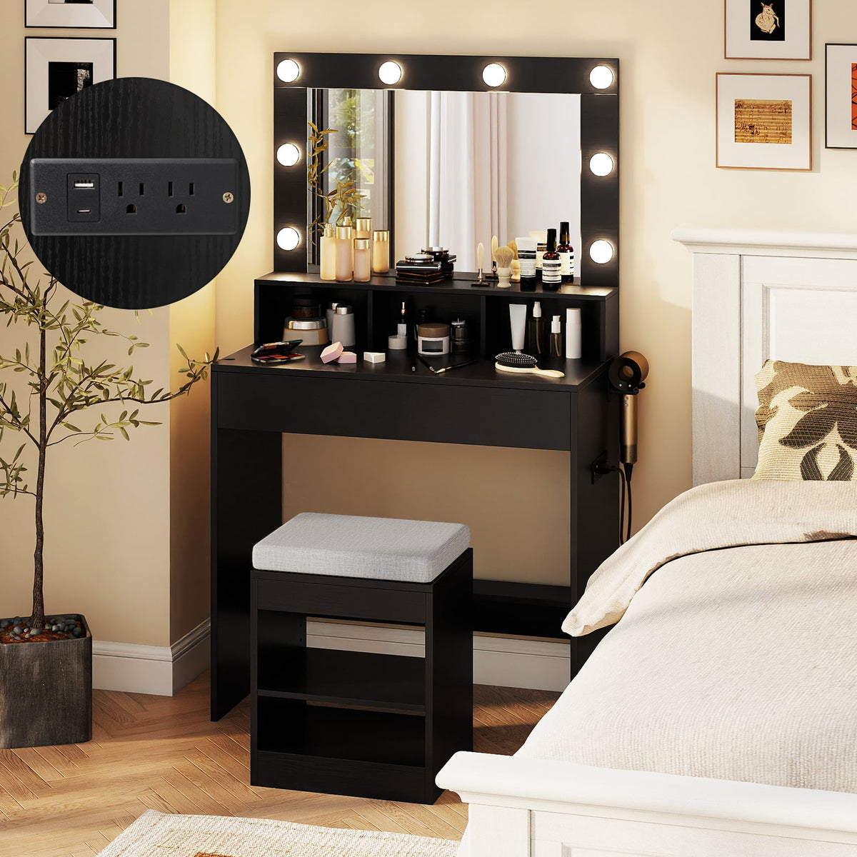 Vanity Table Set with Lighted Mirror and Cushion Stool-Black-Makeup Vanities-DECOROLALA