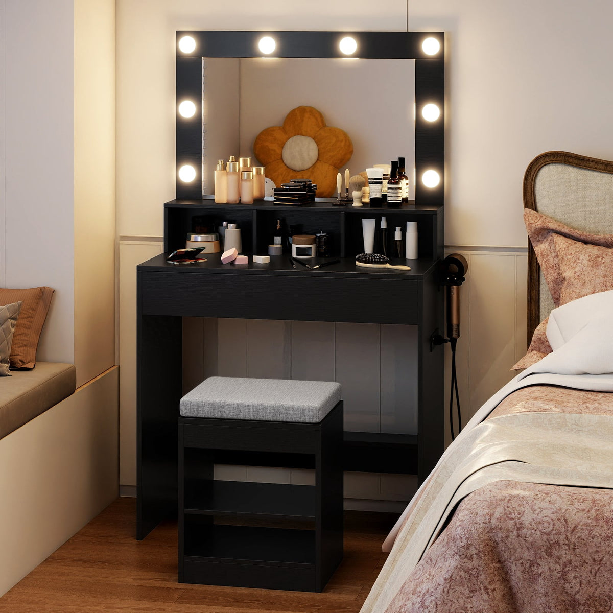 Vanity Table Set with Lighted Mirror and Cushion Stool-Black-Makeup Vanities-DECOROLALA