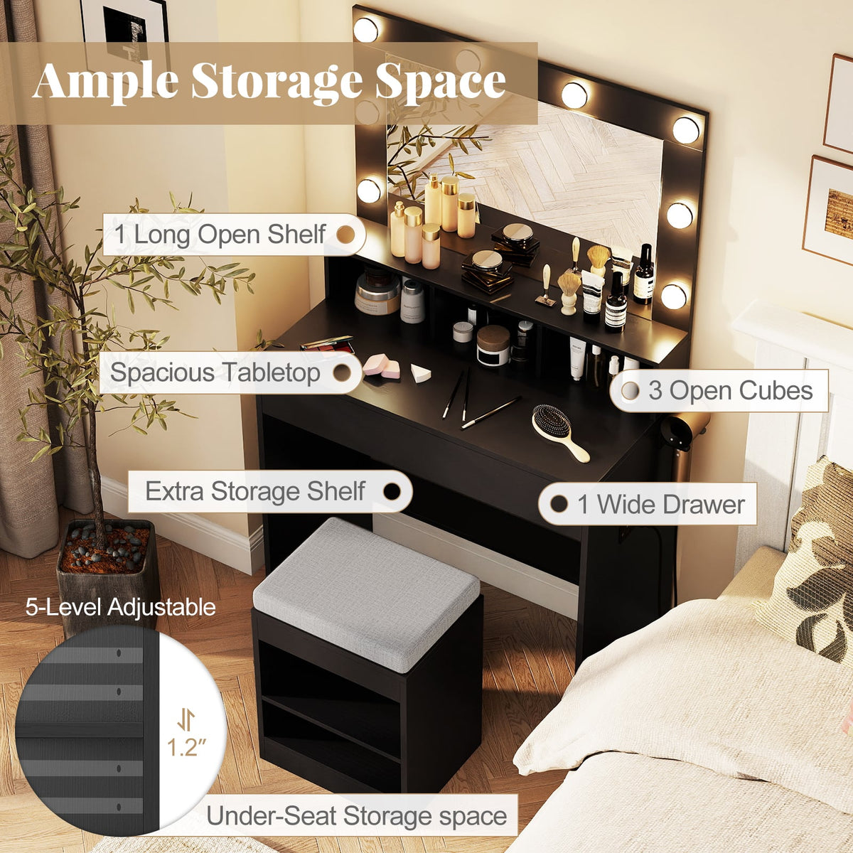 Vanity Table Set with Lighted Mirror and Cushion Stool-Black-Makeup Vanities-DECOROLALA