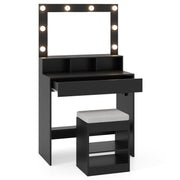 Vanity Table Set with Lighted Mirror and Cushion Stool-Black-Makeup Vanities-DECOROLALA