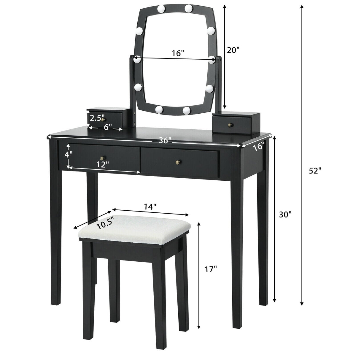 Vanity Table Set with Lighted Mirror for Bedroom and Dressing Room-Black-Makeup Vanities-DECOROLALA