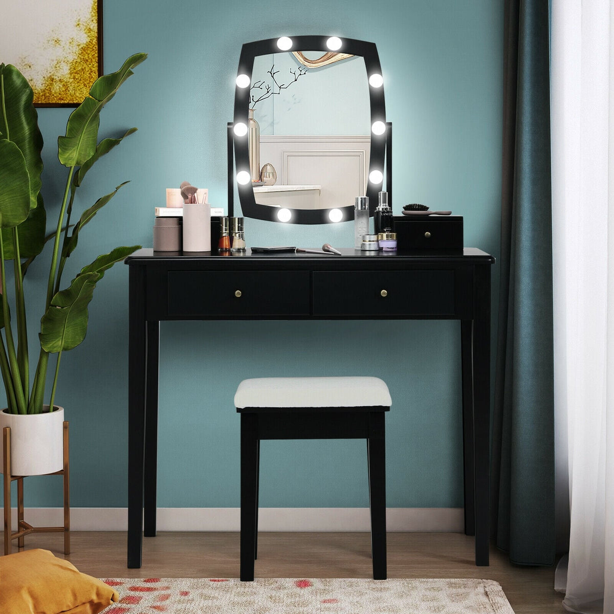 Vanity Table Set with Lighted Mirror for Bedroom and Dressing Room-Black-Makeup Vanities-DECOROLALA