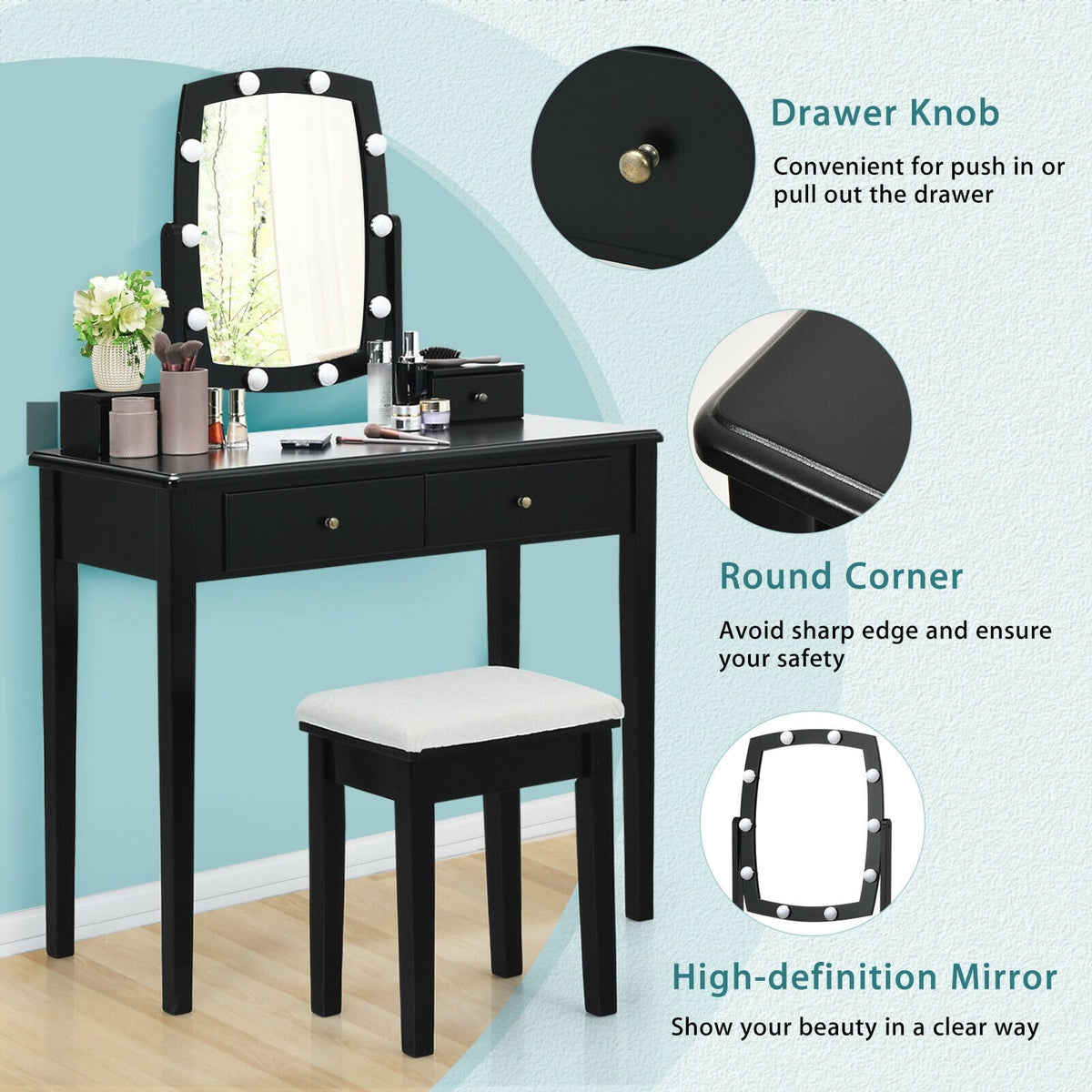 Vanity Table Set with Lighted Mirror for Bedroom and Dressing Room-Black-Makeup Vanities-DECOROLALA