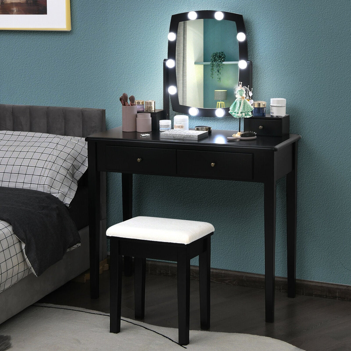 Vanity Table Set with Lighted Mirror for Bedroom and Dressing Room-Black-Makeup Vanities-DECOROLALA