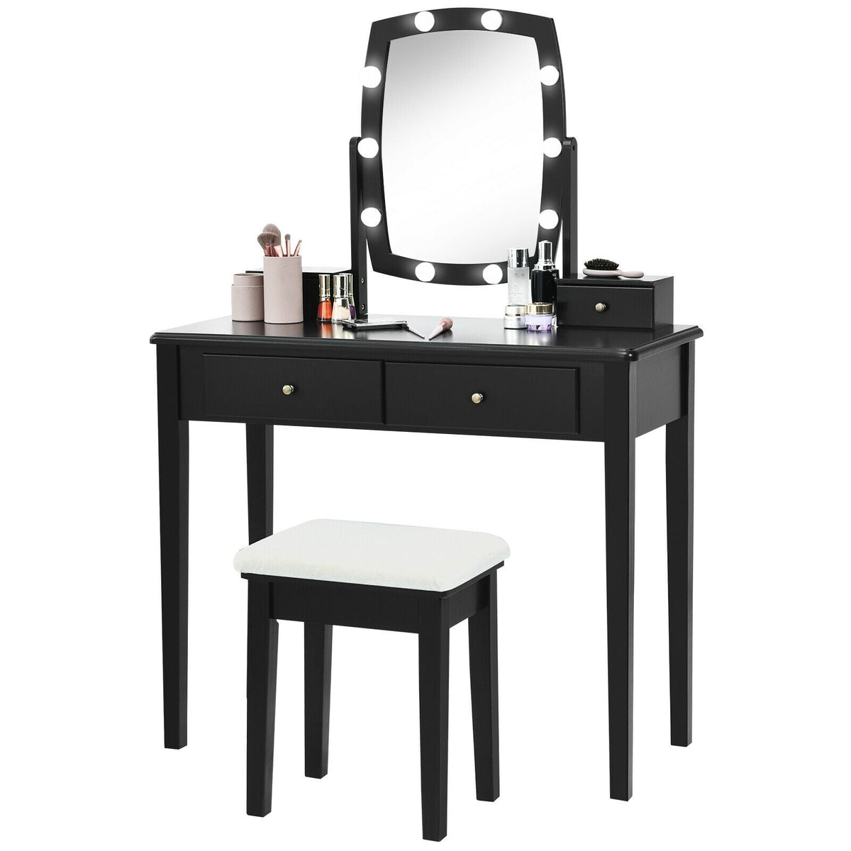 Vanity Table Set with Lighted Mirror for Bedroom and Dressing Room-Black-Makeup Vanities-DECOROLALA