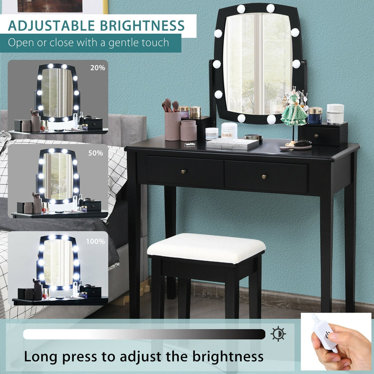Vanity Table Set with Lighted Mirror for Bedroom and Dressing Room-Black-Makeup Vanities-DECOROLALA