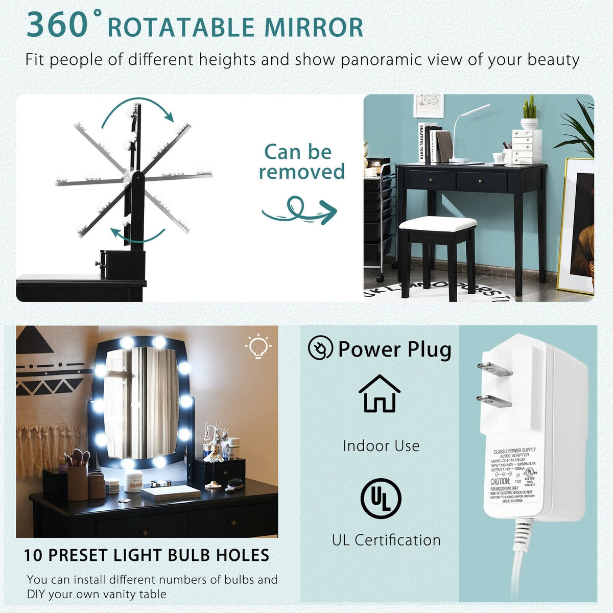 Vanity Table Set with Lighted Mirror for Bedroom and Dressing Room-Black-Makeup Vanities-DECOROLALA
