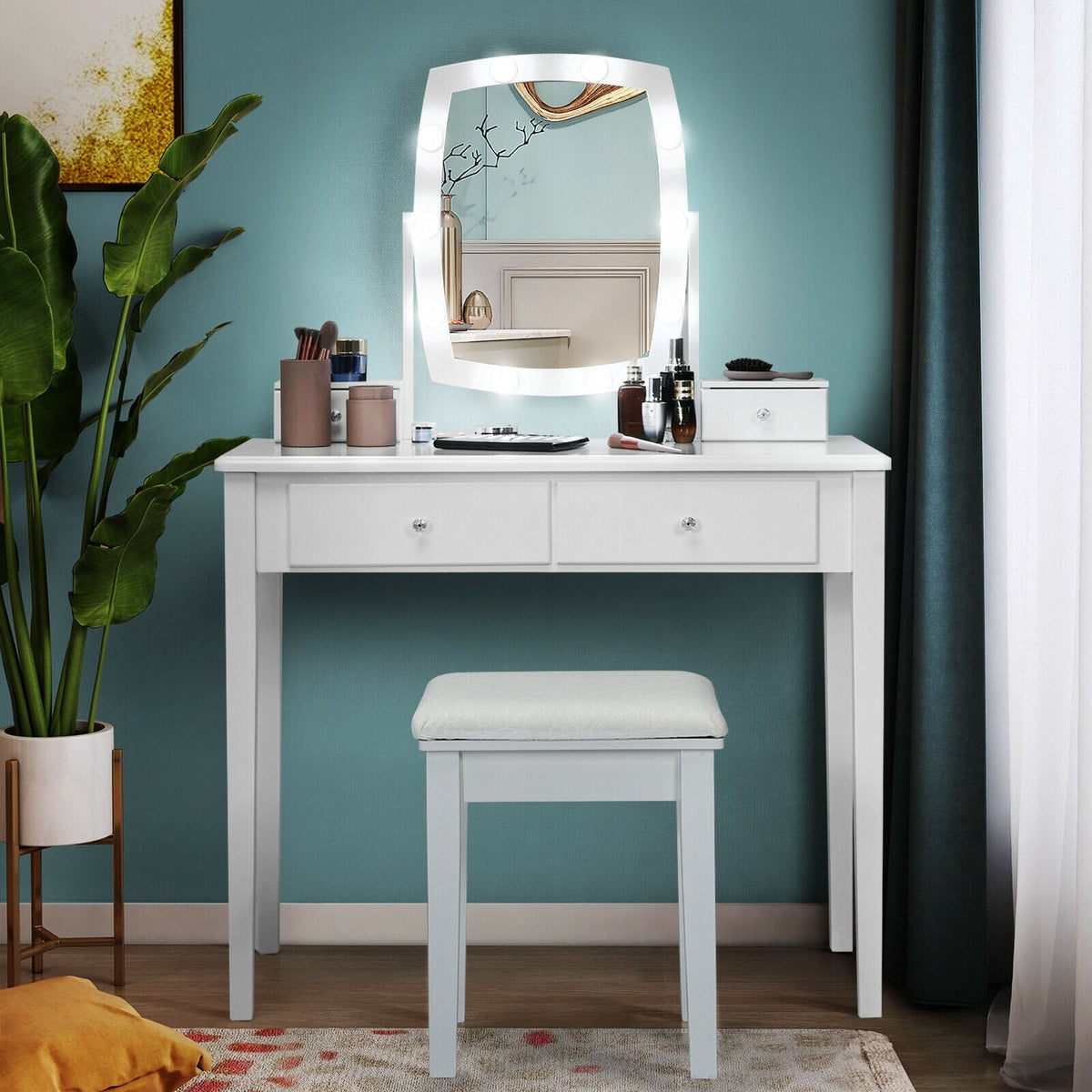 Vanity Table Set with Lighted Mirror for Bedroom and Dressing Room-White-Makeup Vanities-DECOROLALA