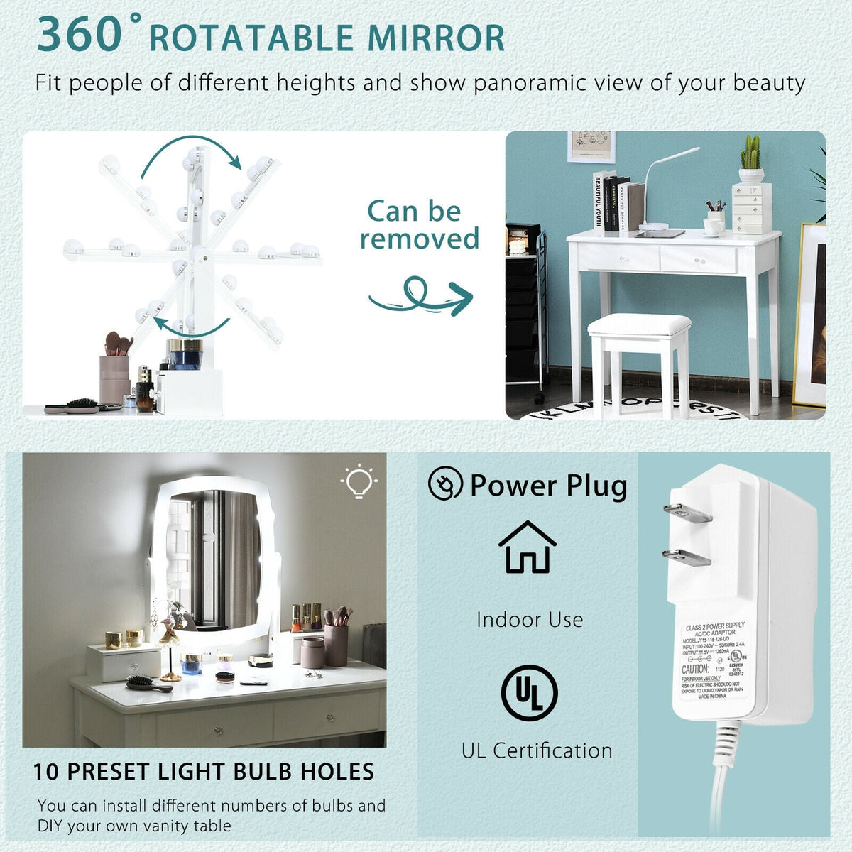 Vanity Table Set with Lighted Mirror for Bedroom and Dressing Room-White-Makeup Vanities-DECOROLALA