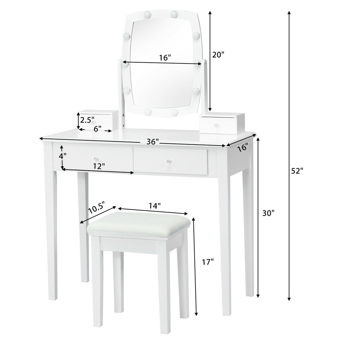 Vanity Table Set with Lighted Mirror for Bedroom and Dressing Room-White-Makeup Vanities-DECOROLALA