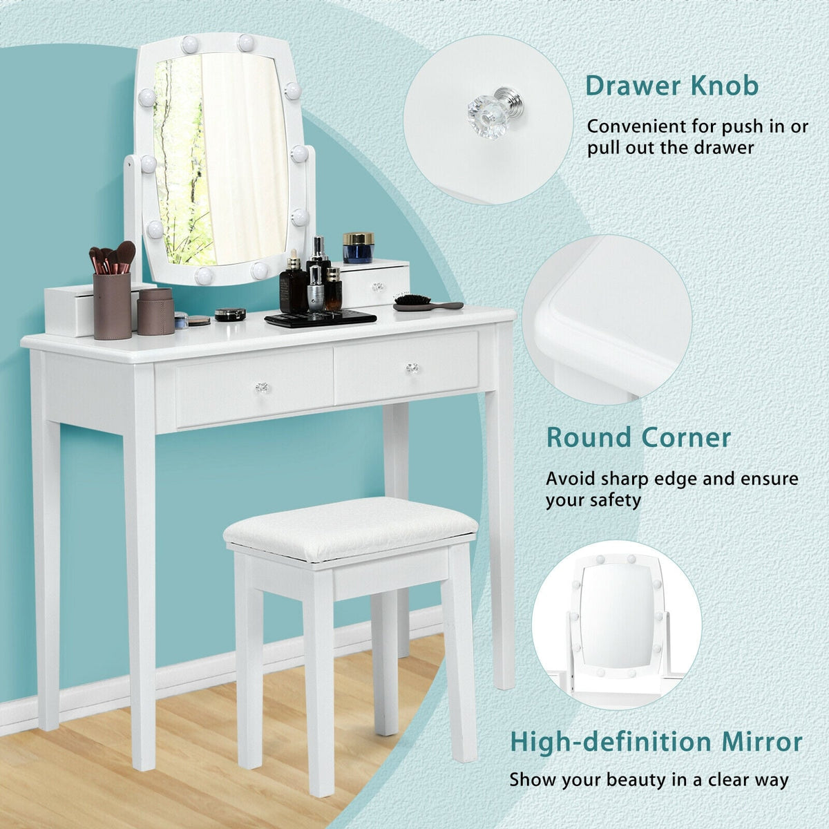 Vanity Table Set with Lighted Mirror for Bedroom and Dressing Room-White-Makeup Vanities-DECOROLALA