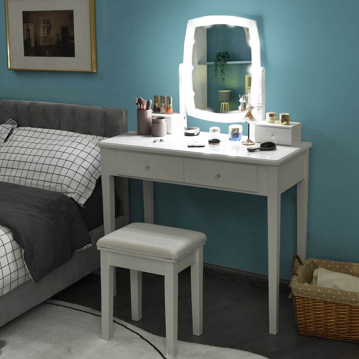 Vanity Table Set with Lighted Mirror for Bedroom and Dressing Room-White-Makeup Vanities-DECOROLALA
