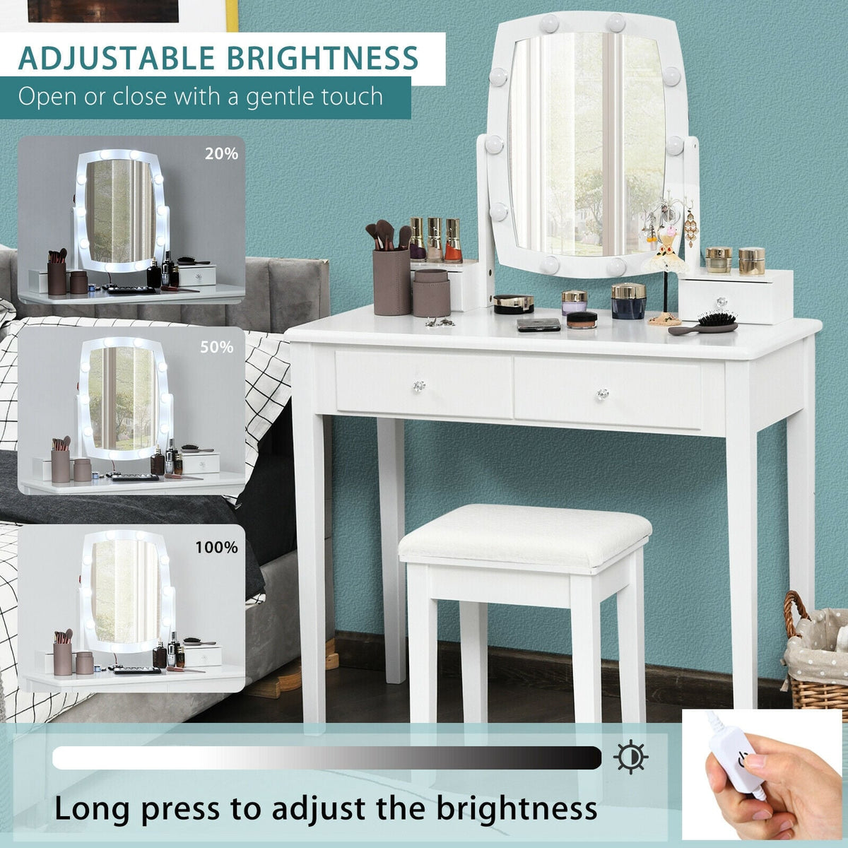 Vanity Table Set with Lighted Mirror for Bedroom and Dressing Room-White-Makeup Vanities-DECOROLALA