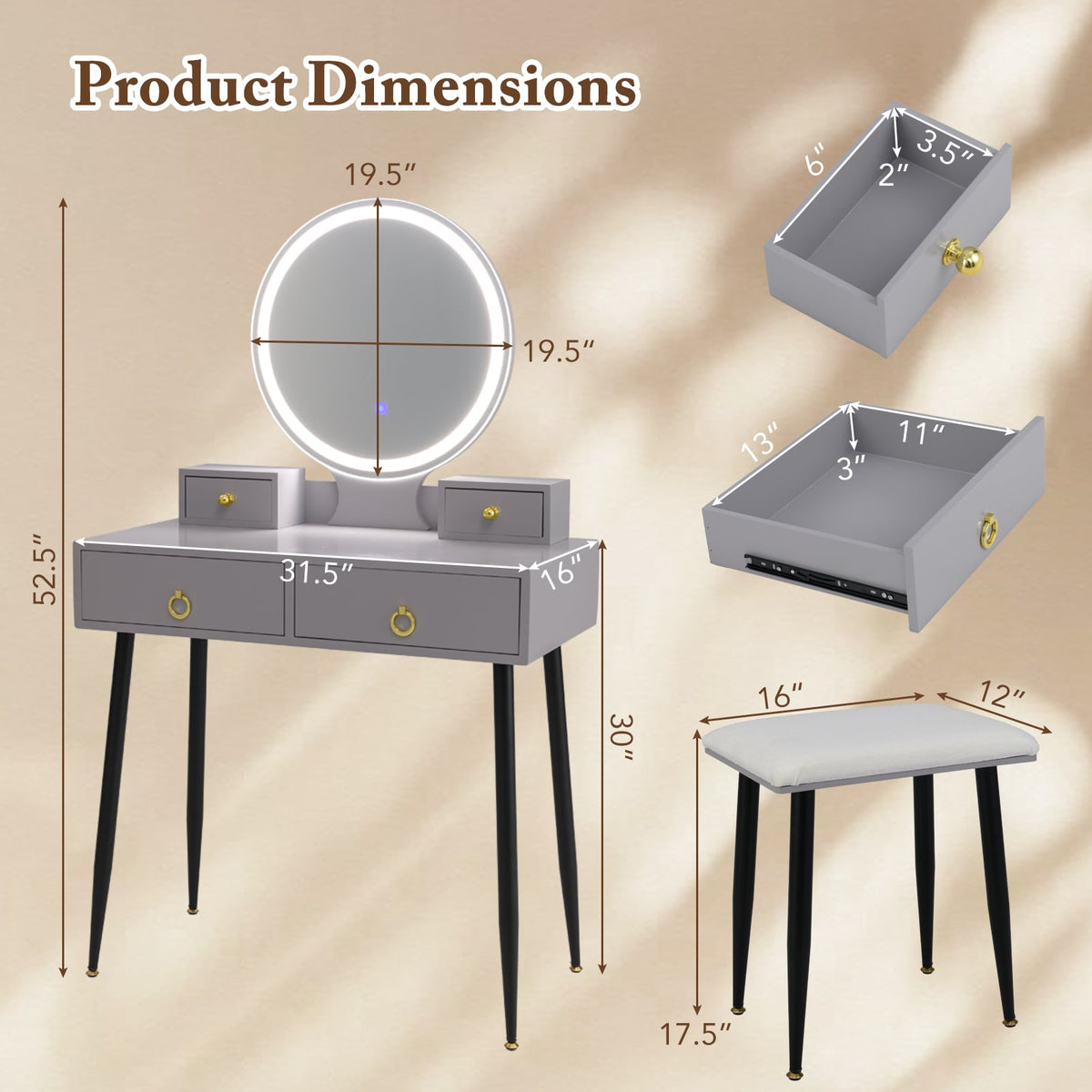 Vanity Table Set with Mirror-Gray-Makeup Vanities-DECOROLALA