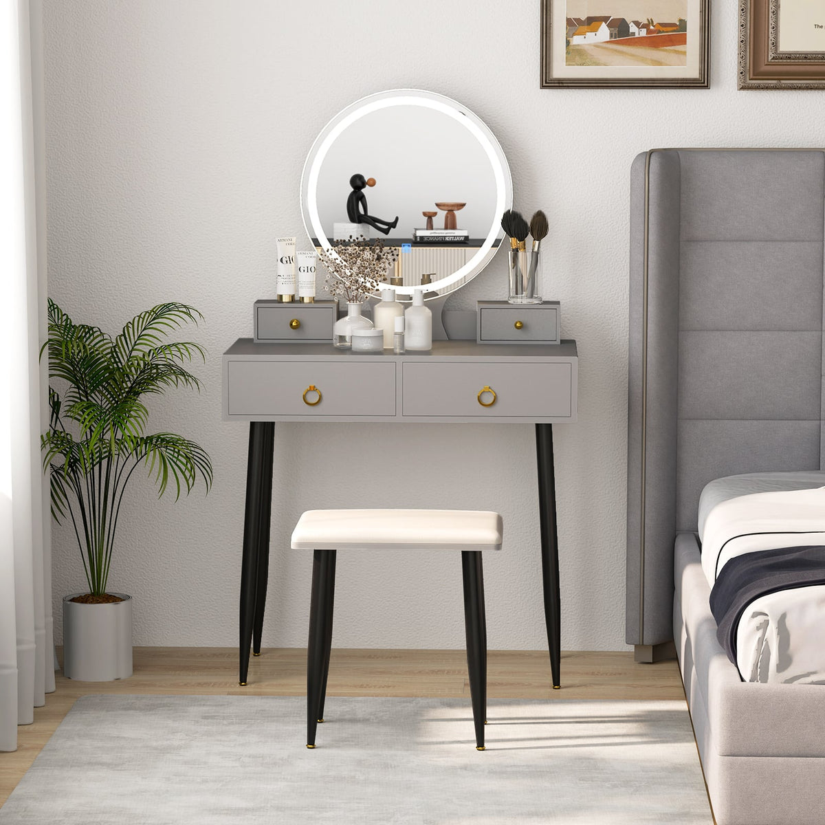 Vanity Table Set with Mirror-Gray-Makeup Vanities-DECOROLALA