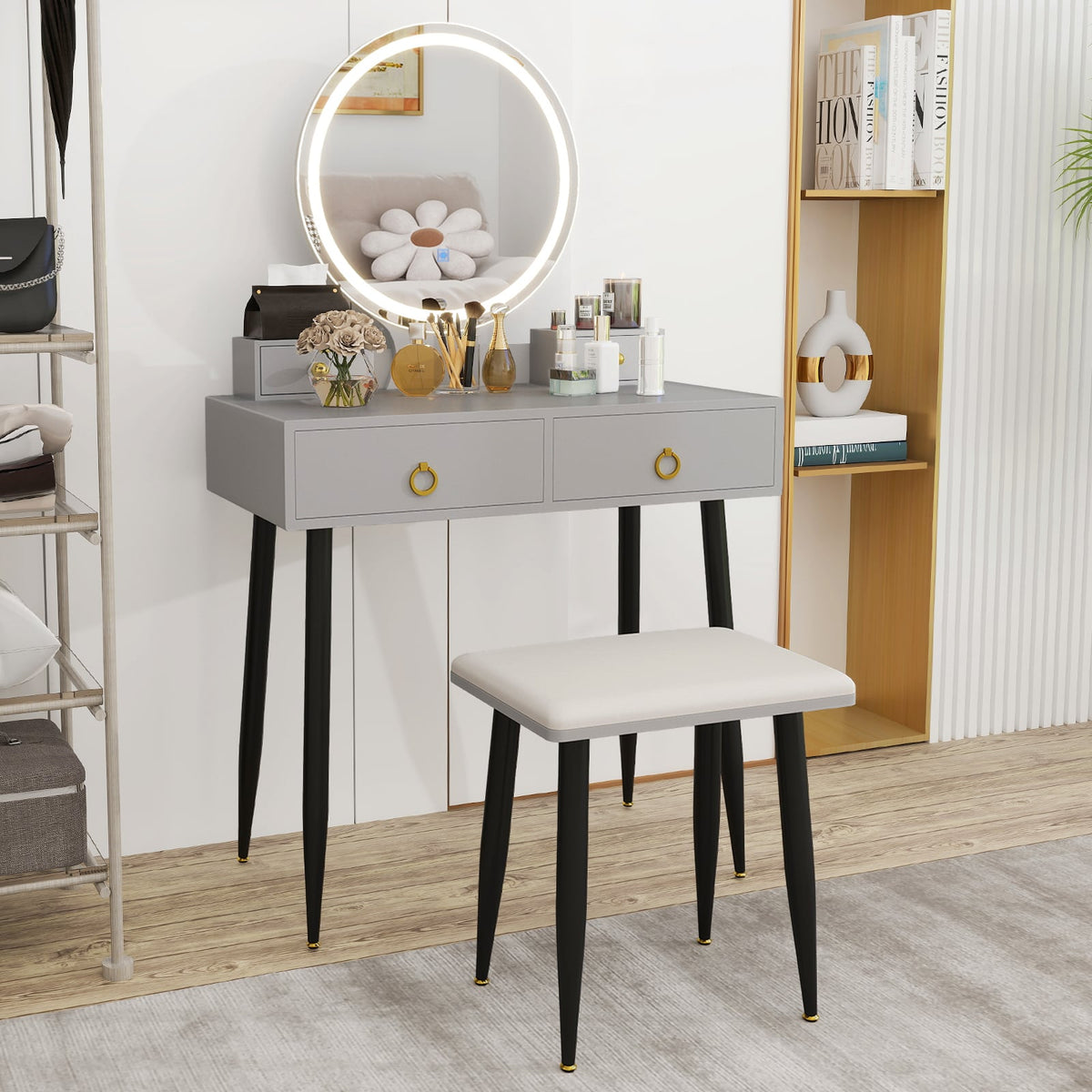 Vanity Table Set with Mirror-Gray-Makeup Vanities-DECOROLALA