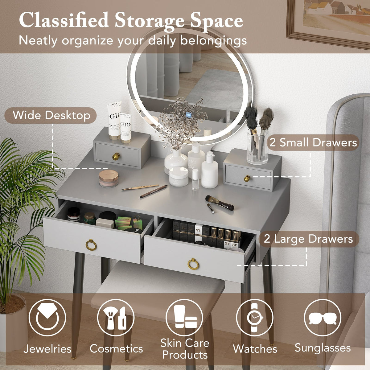 Vanity Table Set with Mirror-Gray-Makeup Vanities-DECOROLALA