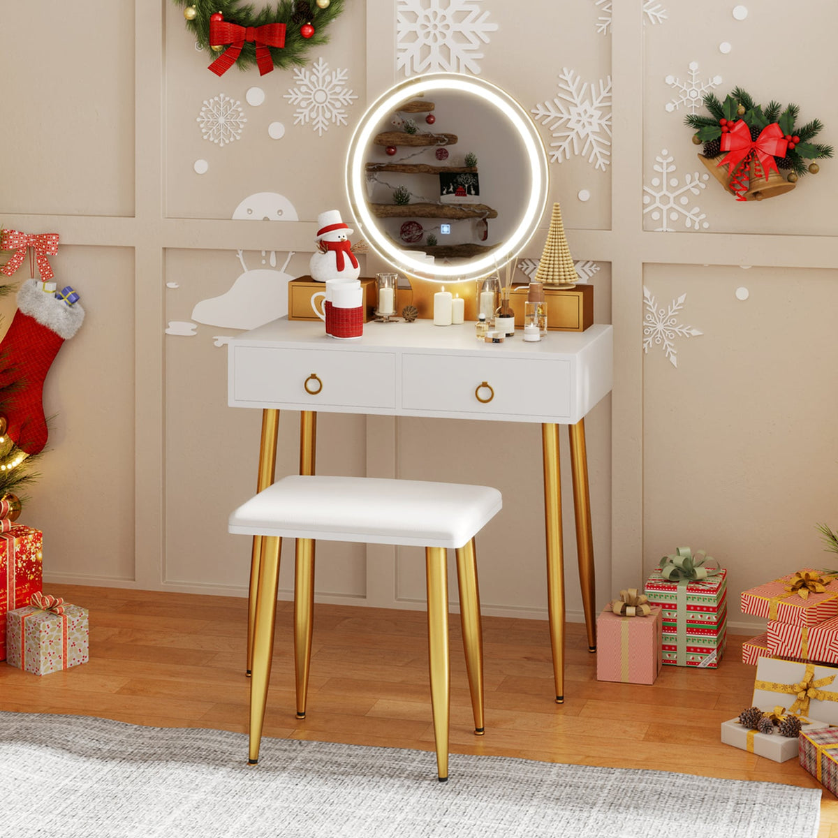 Vanity Table Set with Mirror-White-Makeup Vanities-DECOROLALA