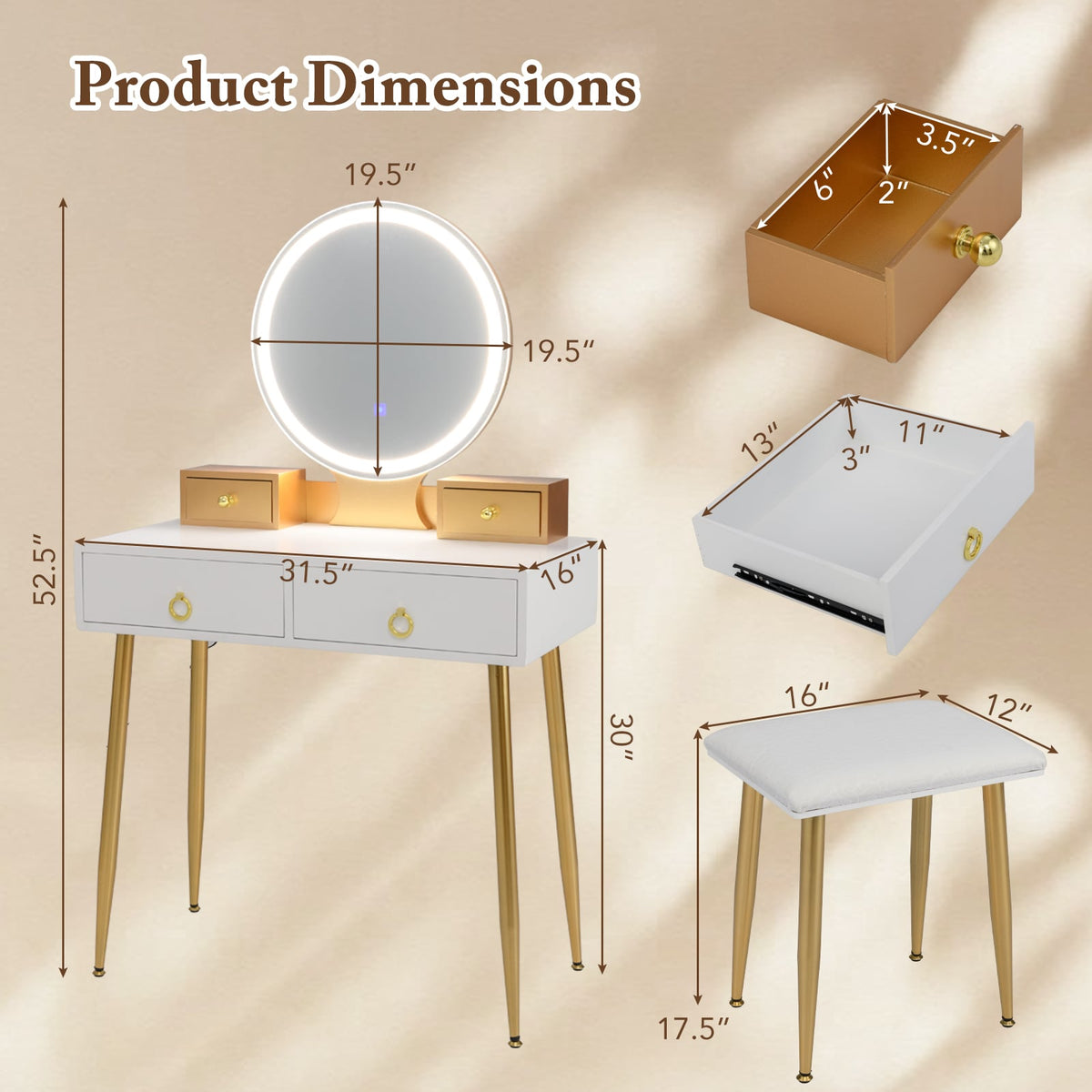 Vanity Table Set with Mirror-White-Makeup Vanities-DECOROLALA