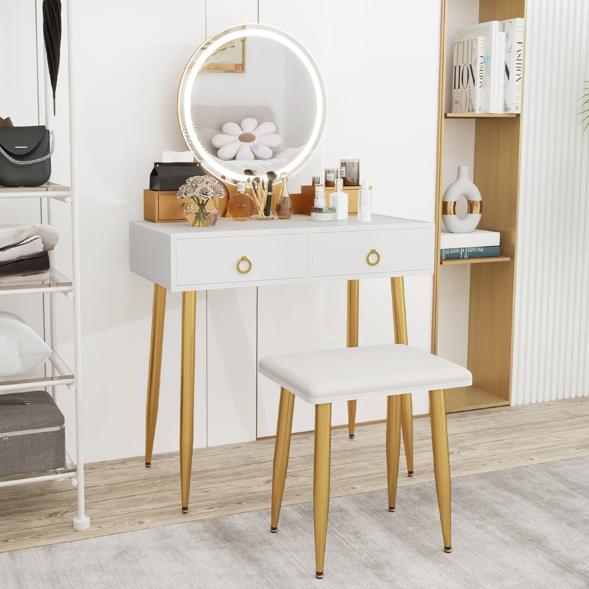 Vanity Table Set with Mirror-White-Makeup Vanities-DECOROLALA