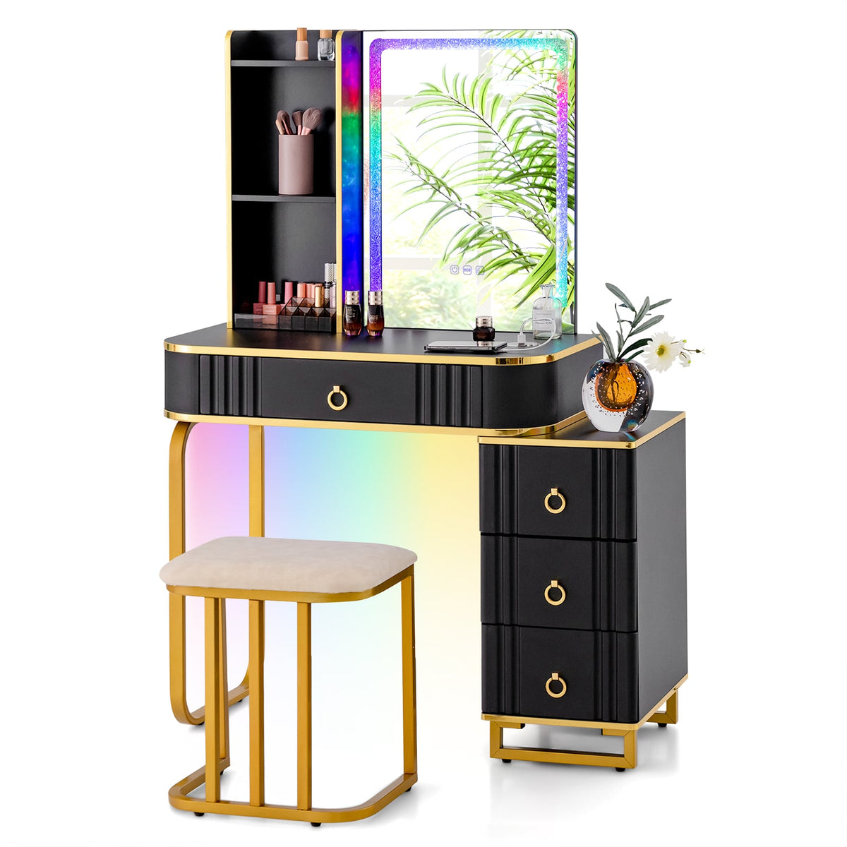 Vanity Table Set with RGB LED Lights and Wireless Charging Station-Black-Makeup Vanities-DECOROLALA
