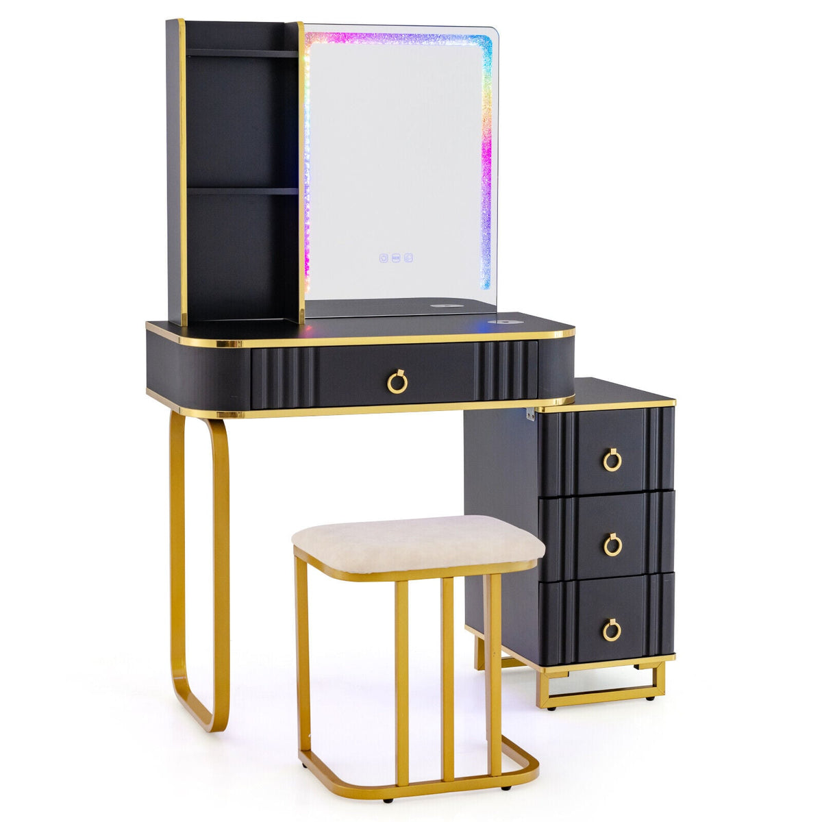 Vanity Table Set with RGB LED Lights and Wireless Charging Station-Black-Makeup Vanities-DECOROLALA