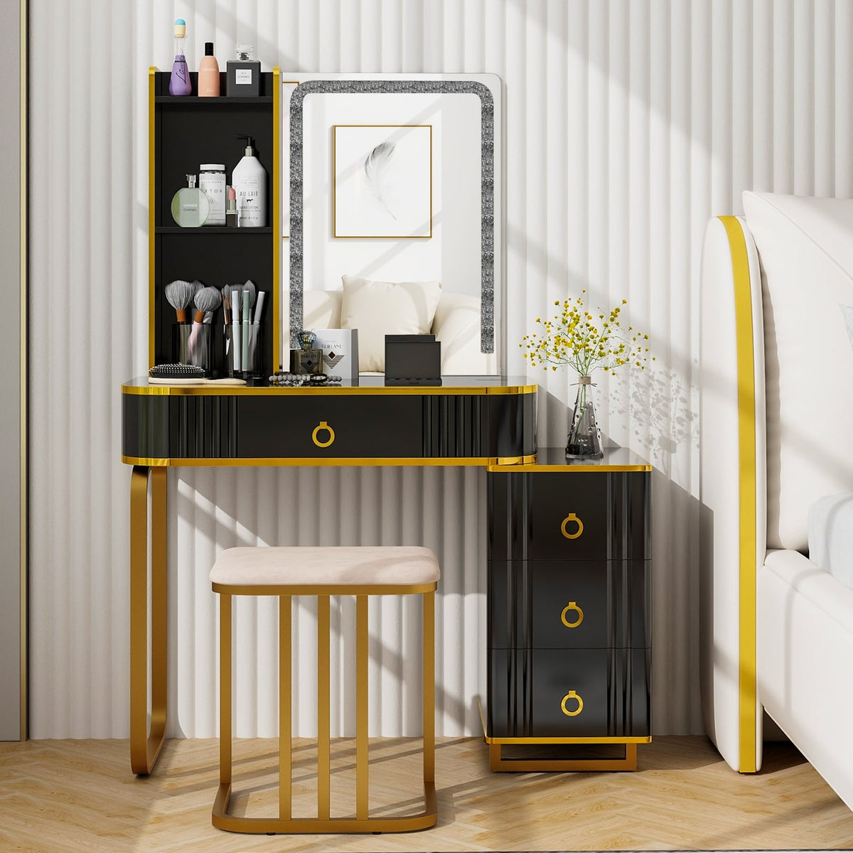 Vanity Table Set with RGB LED Lights and Wireless Charging Station-Black-Makeup Vanities-DECOROLALA