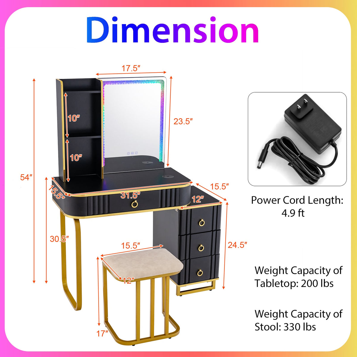 Vanity Table Set with RGB LED Lights and Wireless Charging Station-Black-Makeup Vanities-DECOROLALA
