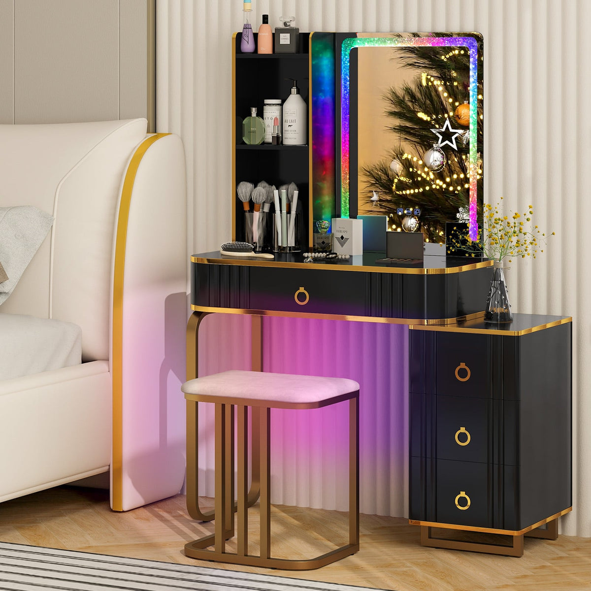 Vanity Table Set with RGB LED Lights and Wireless Charging Station-Black-Makeup Vanities-DECOROLALA