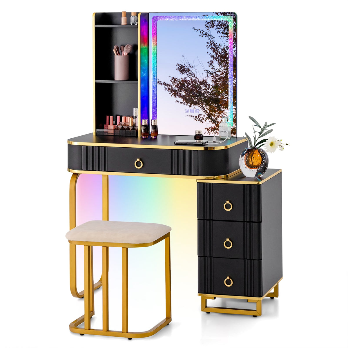 Vanity Table Set with RGB LED Lights and Wireless Charging Station-Black-Makeup Vanities-DECOROLALA