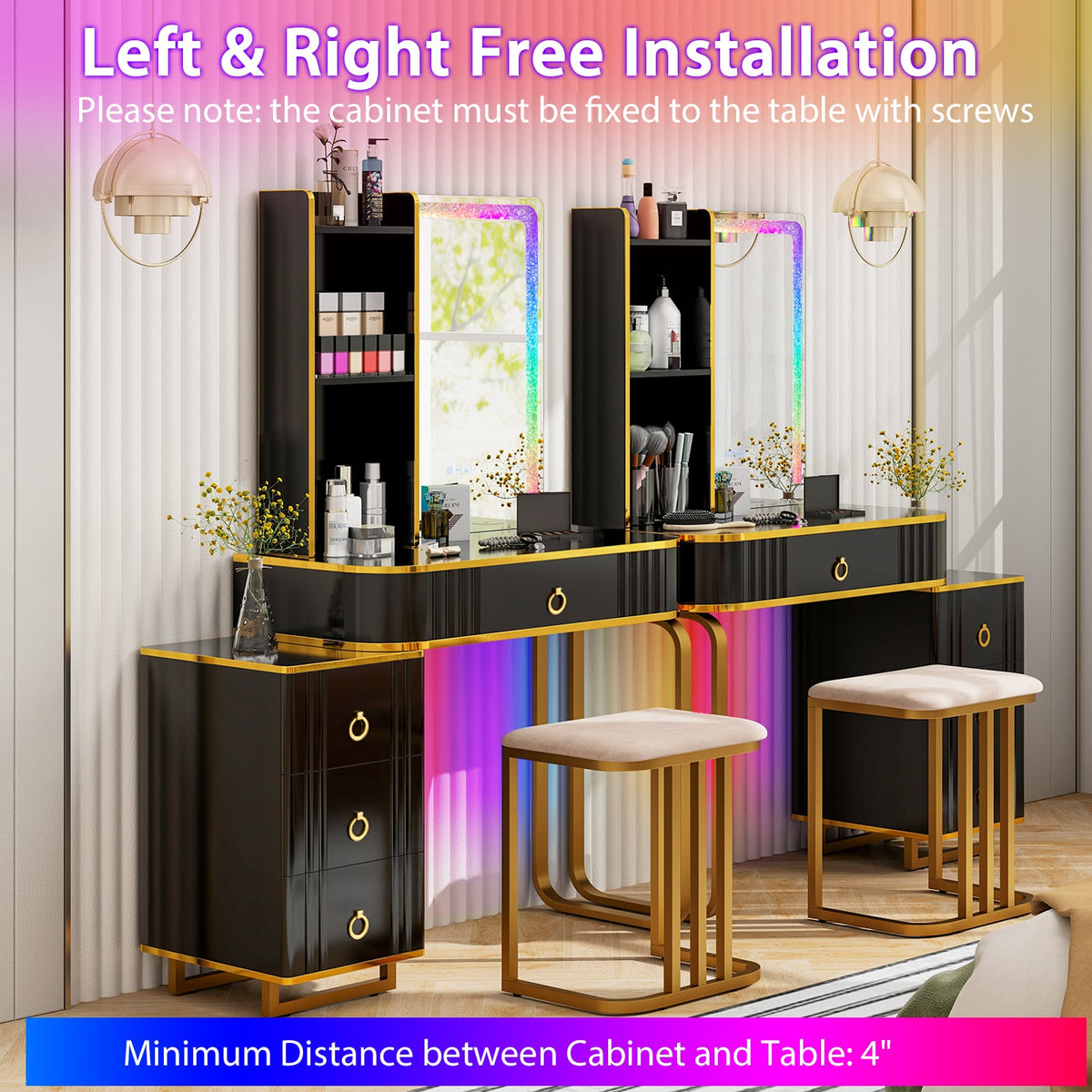 Vanity Table Set with RGB LED Lights and Wireless Charging Station-Black-Makeup Vanities-DECOROLALA