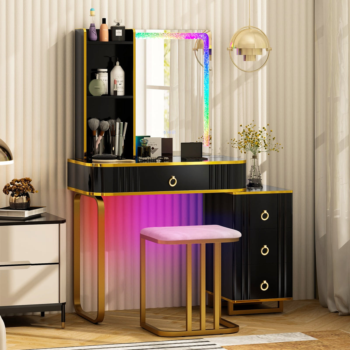 Vanity Table Set with RGB LED Lights and Wireless Charging Station-Black-Makeup Vanities-DECOROLALA